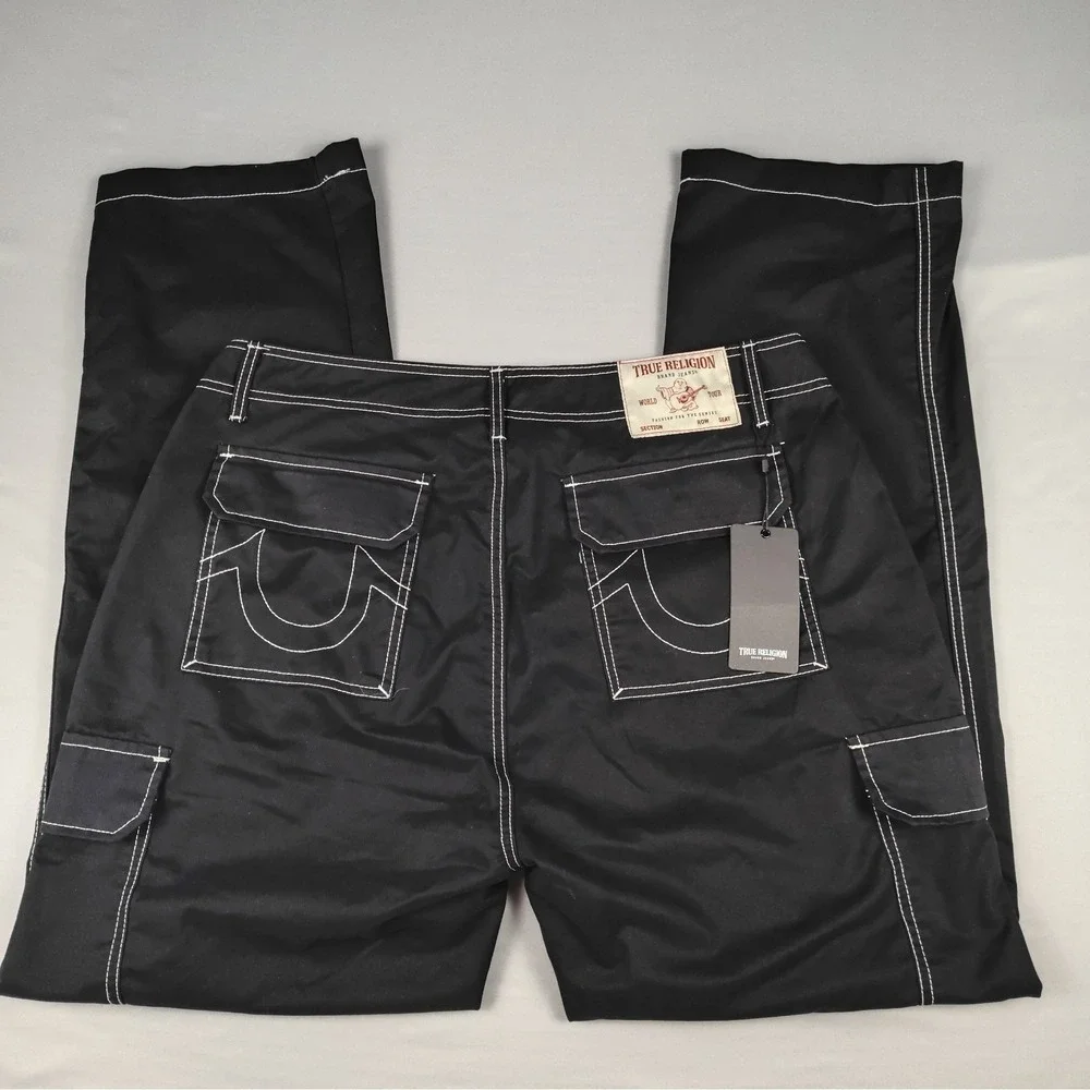 NWT True Religion Cargo Pants Mens 36x31.5 Black Straight White Contrast Stitch
